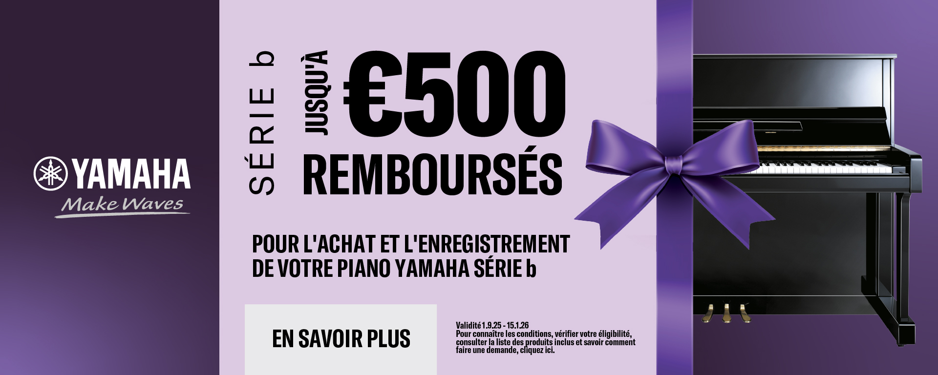 Jusqu'à 500€ de Cashback sur les pianos séries B Yamaha !